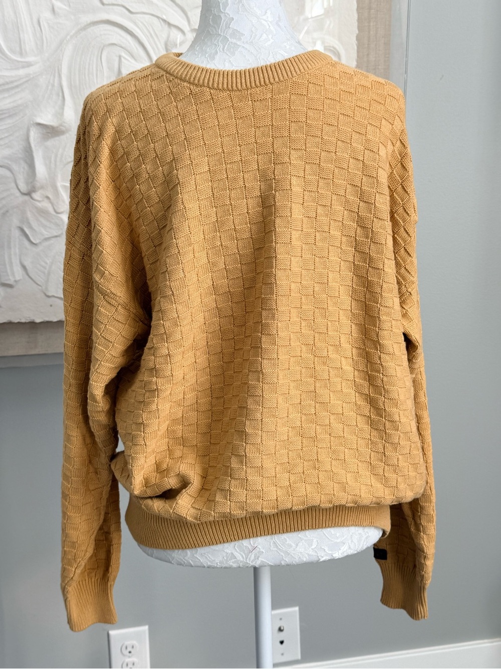 Vintage 90s GANT Yellow Basketweave Checkerboard Knit Sweater M Cotton